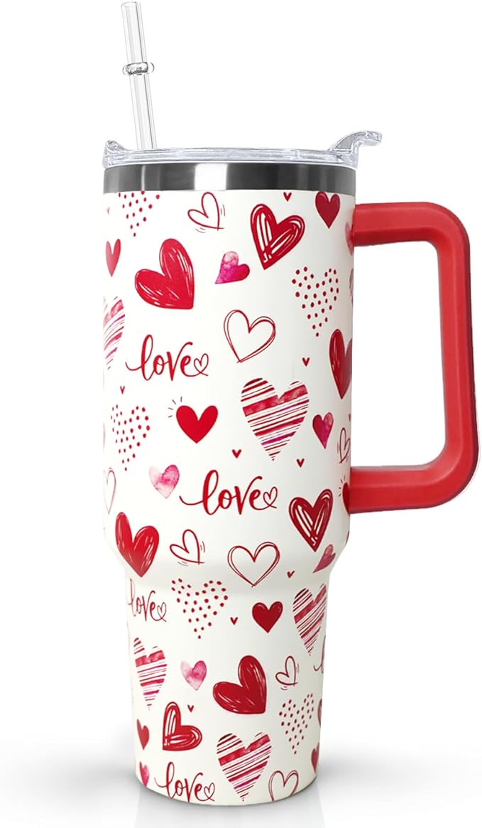 Ceovfoi Love Tumbler 40 Oz Valentine Heart Tumbler With Handle,Valentine's Day Coffee Travel Mug Cup Water Bottle,Heart Decor,Valentine's Gifts for Wife Girlfriend Bride - Bloomnest