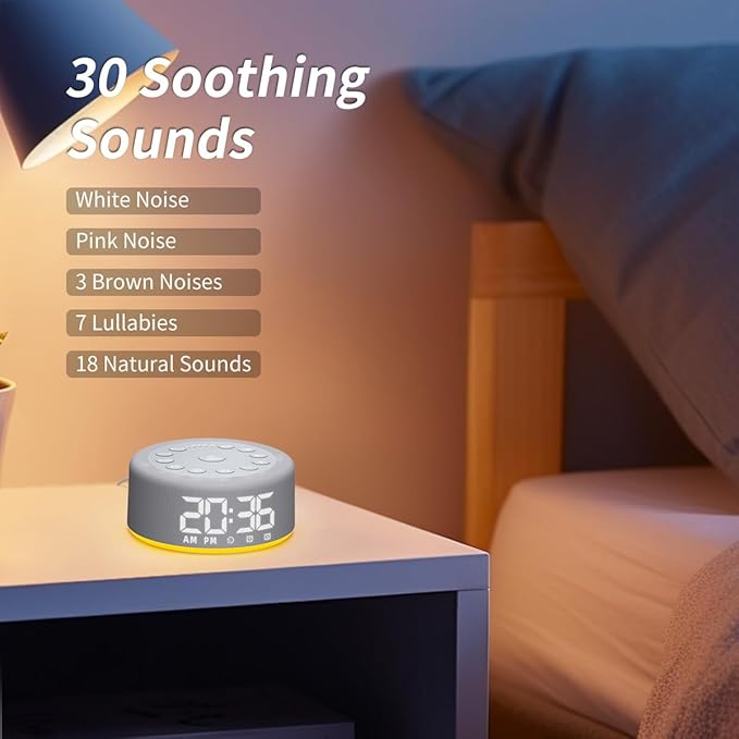 Sound Machine Alarm Clock Brown Noise White Noise Machine Night Light with Dual Alarms Backup Battery 30 Sleeping Sounds for Baby Kids Adults 32 Level Volume 5 Timers 15 Wake Up Sounds Memory Function - Bloomnest