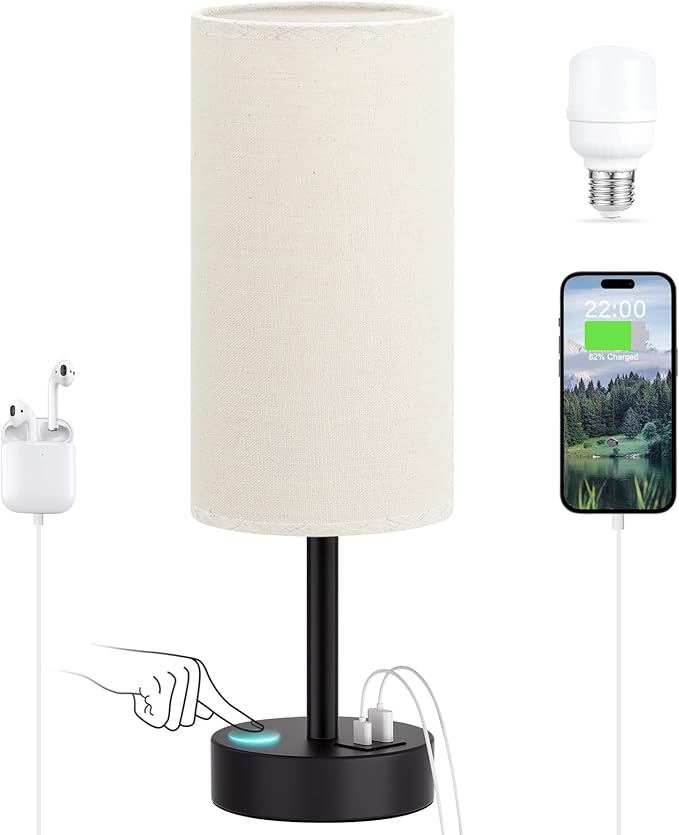 Dicoool Beige Touch Lamp for Bedroom with USB - 3 Way Dimmable Table Lamp for Nightstand, Small Lamp with Black Charging Station for Desk Dorm, Office, Nursery - Bloomnest