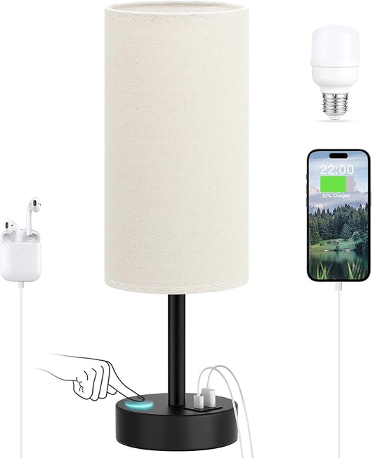 Dicoool Beige Touch Lamp for Bedroom with USB - 3 Way Dimmable Table Lamp for Nightstand, Small Lamp with Black Charging Station for Desk Dorm, Office, Nursery - Bloomnest