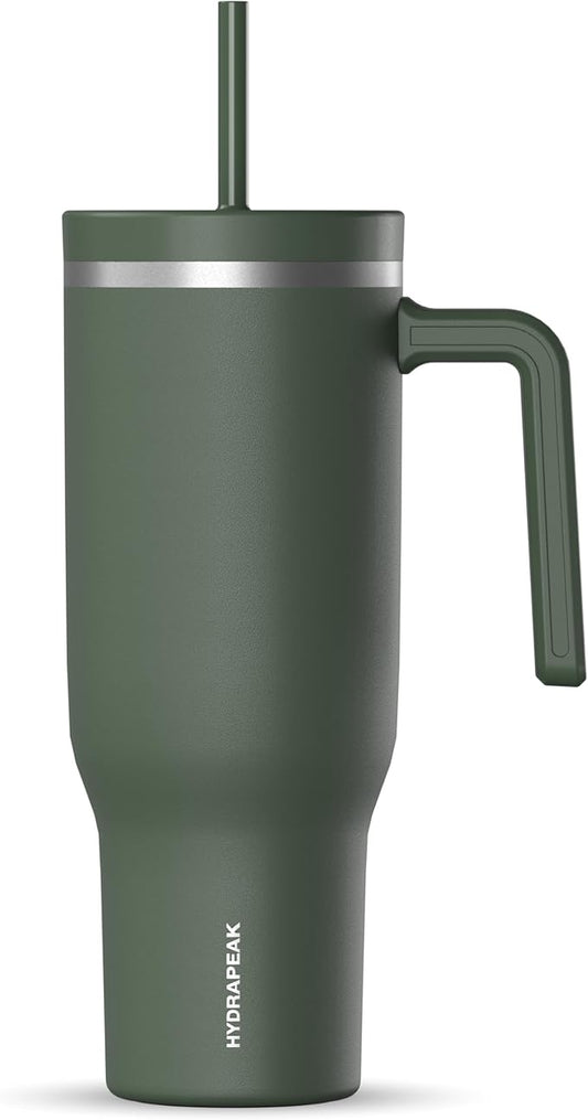 Hydrapeak Voyager 40 Oz Stainless Steel Tumbler with Handle, Insulated Water Bottle With Straw & Lid, Cupholder Friendly Reusable Travel Mug (Thyme) - Bloomnest