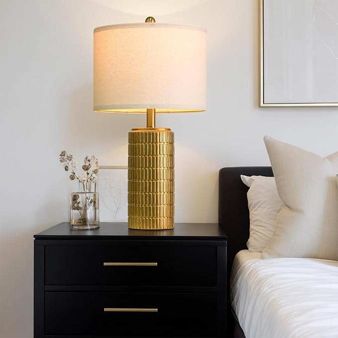 PoKat 23" Brass Gold Ceramic Table Lamps for Living Room, Retro Warm Gold Lamps for Night Stands, Vintage Bronze Decorative Lamps for Bedroom, Antique Gold Brown Nightstand Lamps for Home Decor - Bloomnest