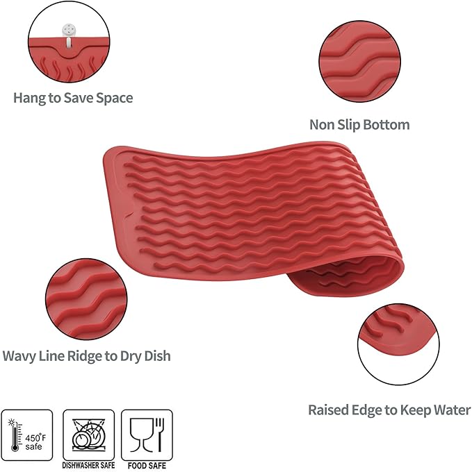 Silicone Dish Drying Mat for Multiple Usage,Easy clean,Eco-friendly,Heat-resistant Silicone Mat for Kitchen Counter,Sink,Bar,Bottle,or Cup Red M 17 inches x 6 inches - Bloomnest