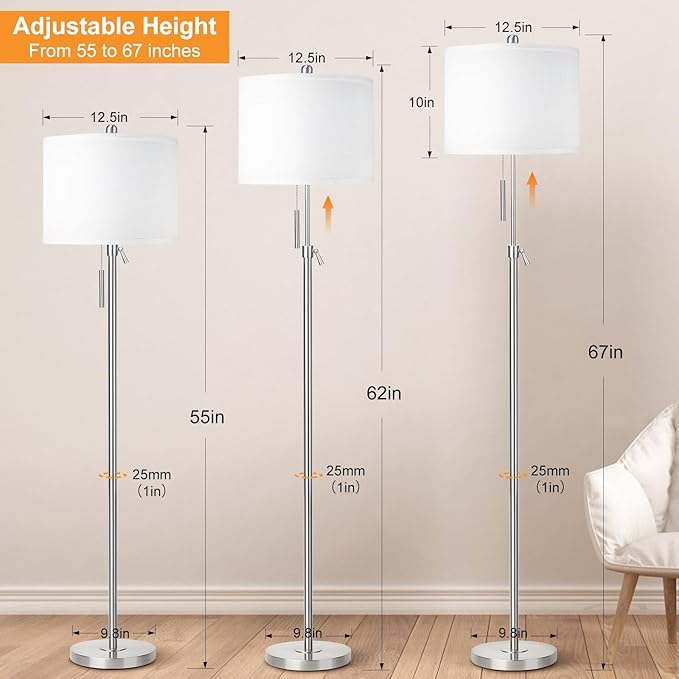 Brushed Nickel Floor Lamp for Living Room, Adjustable Height Standing Lamp with Metal Base, 3-Way Dimmable Tall Pole Light with White Linen Shade for Bedroom, Pull Chain Switch, 6W LED Bulb Included - Bloomnest
