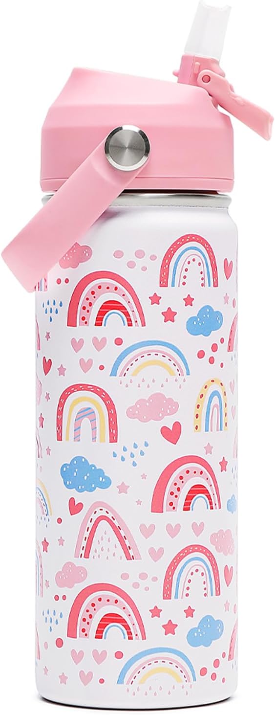 18oz Kids Insulated Water Bottle with Straw Lid - 18/8 Stainless Steel Kid Cup BPA-FREE Travel Tumbler Double Wall Vacuum Leak Proof Portable Toddler Water Bottle(Rainbow) - Bloomnest