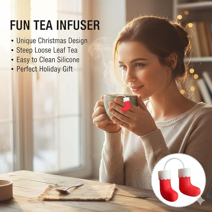Silicone Tea Infuser, Red Christmas Stocking Design, Loose Leaf Tea Strainer, Steeper with Hanging Hook, Holiday Kitchen Accessory - Healthy, Safe, and Adorable Tea Strainer Companion - Bloomnest
