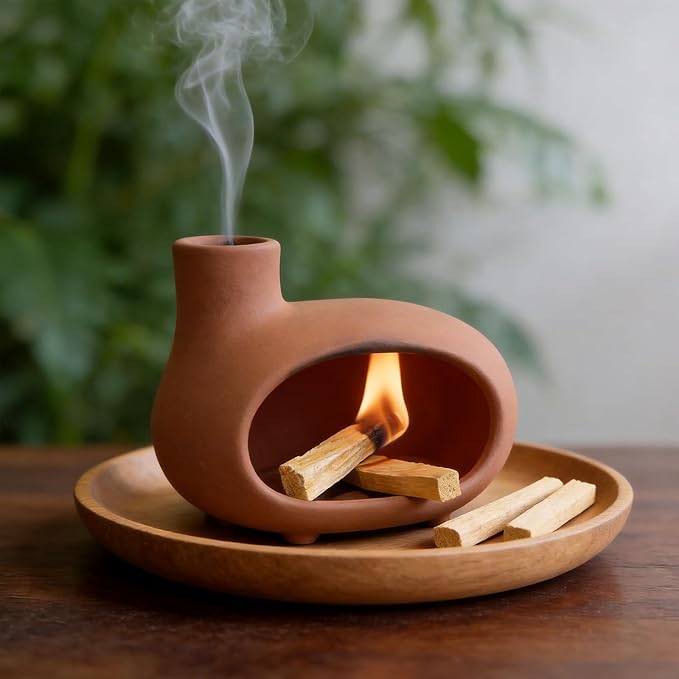 Handmade Terracotta Orange-red Palo Santo Holder - Mini Chiminea Incense Burner Chimney for Palo Santo Sticks, Sage & Cones - Smudge Bowl for Energy Cleansing,Meditation & Aromatherapy Gifts