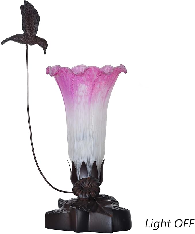 Bieye LL03 Hummingbird Flying Over Lily Flower Blown Glass Table Lamp for Home Decor (White Purple, 4.25Wx12H)