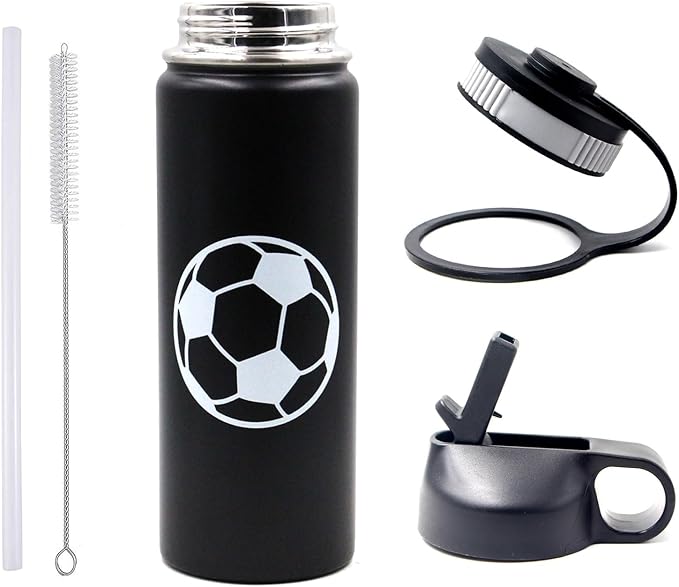 18 oz Soccer Water Bottle with Straw, Sports Flask Metal Travel Tumbler with 2 Lids, BPA Free Stainless Steel Double Wall Vacuum Insulated Leak Proof Thermo Water Bottles, Soccer Gifts for Boys Girls - Bloomnest
