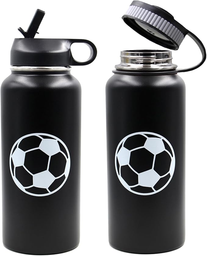 32 oz Soccer Water Bottle with Straw, Wide Mouth Sports Flask Metal Travel Tumbler with 2 Lids, Stainless Steel Double Wall Vacuum Insulated Leakproof Thermo Water Bottles, Soccer Gifts for Boys Girls - Bloomnest