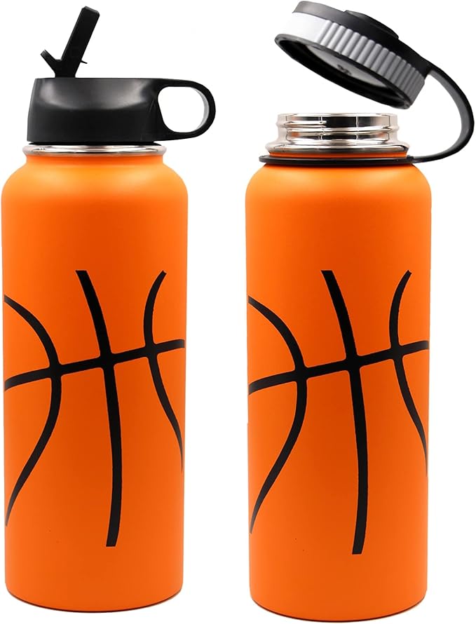 40 oz Basketball Water Bottle, Wide Mouth Sports Flask Metal Travel Tumbler with 2 Lids, Stainless Steel Double Wall Vacuum Insulated Thermo Water Jug, Basketball Accessories Gifts for Boys Girls - Bloomnest