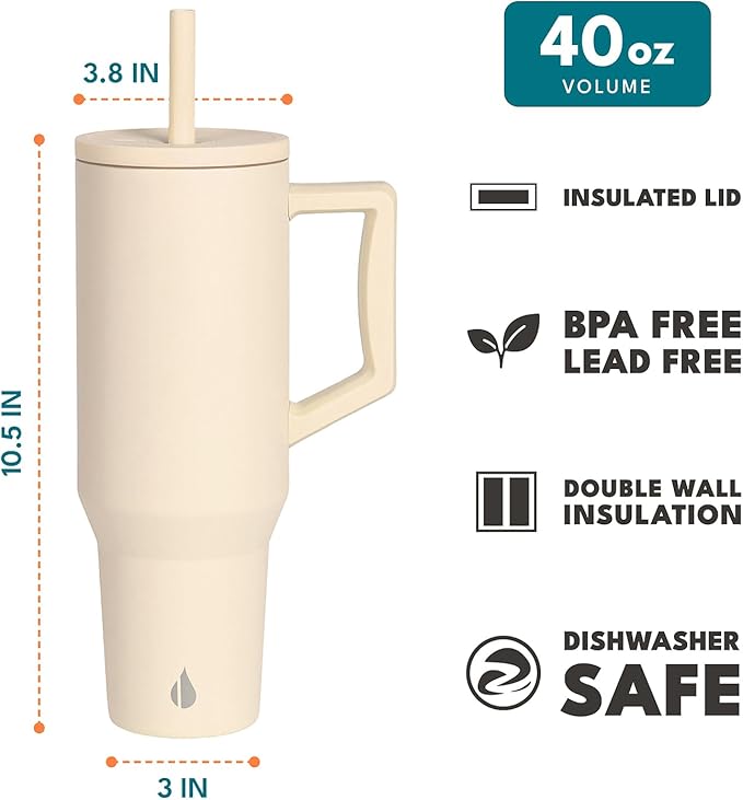 Elemental 40 oz Tumbler with Handle and Straw - Spill Proof Insulated Stainless Steel Commuter for Hot and Cold Beverages - Travel Coffee Mug with 2 Straws & Spill Proof Lid - 40oz - Beige - Bloomnest
