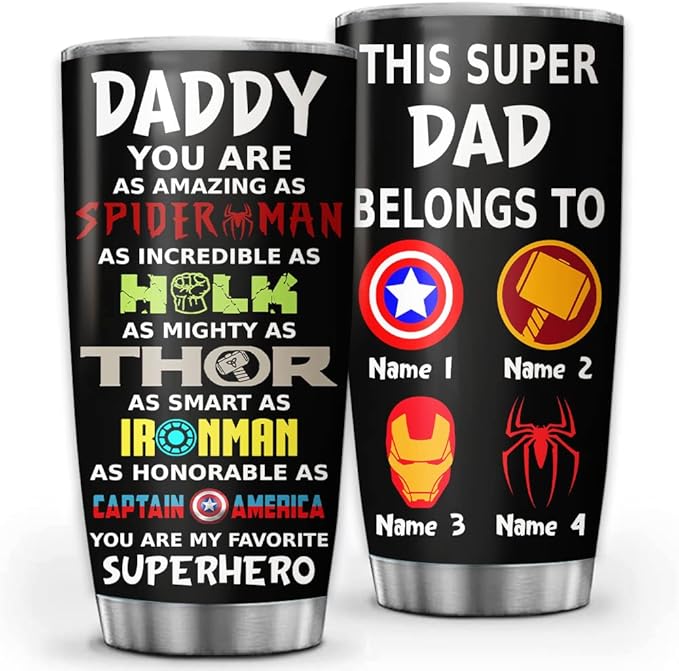 Custom Daddy You Are My Superhero Personalized Tumbler Cup Father's Day Gift, Gift For Dad, Father, Papa, Grandpa 20oz Insulated Coffee/Tea Tumbler with Lid - Bloomnest