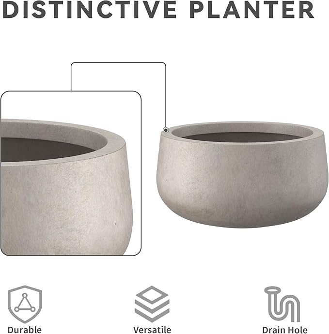 Kante 19.6" Dia Round Concrete Planter, Cement Plant Pots with Drainage Hole and Rubber Plug for Outdoor Indoor Garden Home, Modern Curvaceous Design, Weathered Concrete - Bloomnest