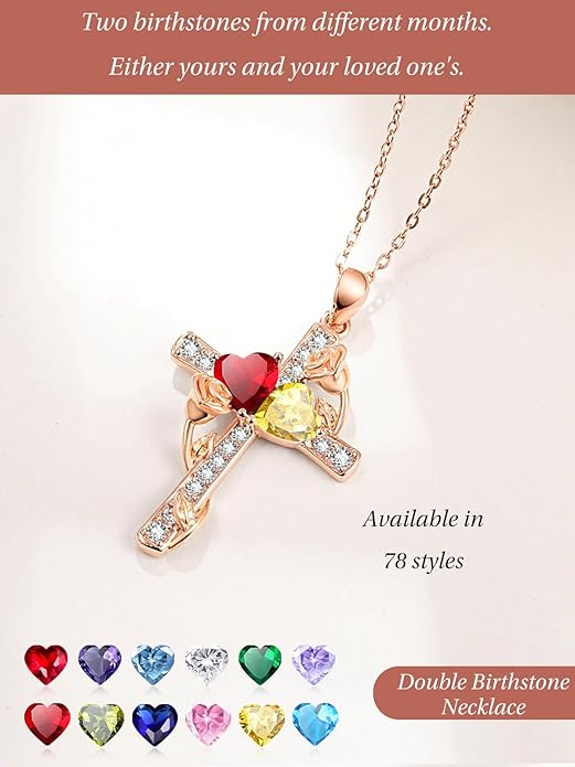 Rose Gold Dual Birthstones Cross Necklace for Women Rose Flower Jewelry Anniversary Christmas Mother's Valentine's Day Birthday Gift for Wife Girlfriend Mom - Bloomnest
