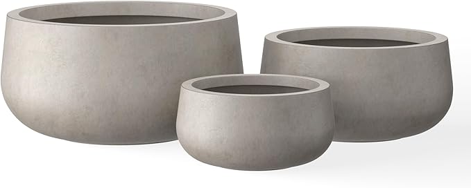 Kante 19.6",15.7",11.8" Dia Round Concrete Planters Set of 3, Outdoor Indoor Large Plant Pots with Drainage Hole, Modern Curvaceous Design, Weathered Concrete - Bloomnest