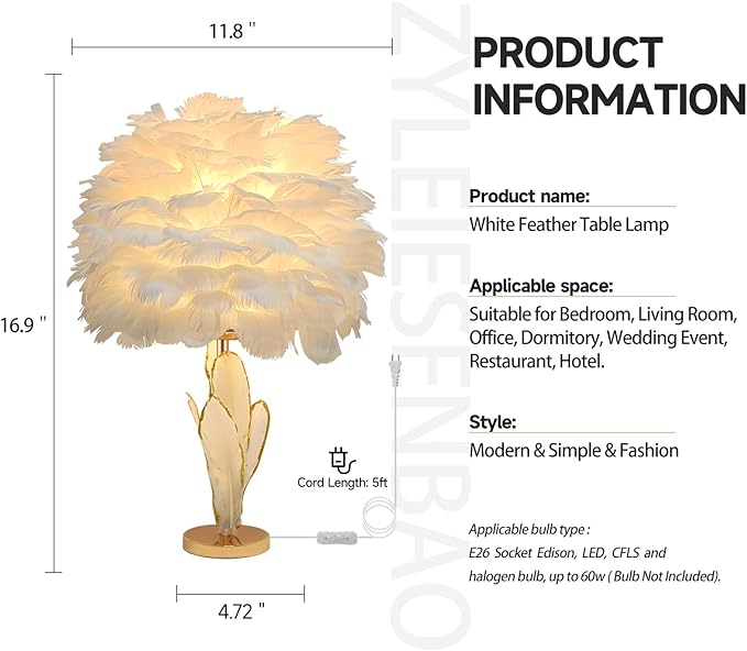 Chic White Feather Lamp Creative Furry Table Lamp Modern Feather Desk Lights Romantic Princess Bedside Nightstand Light for Teen Girls Bedroom Decoration Living Room Wedding Kids Room - Bloomnest