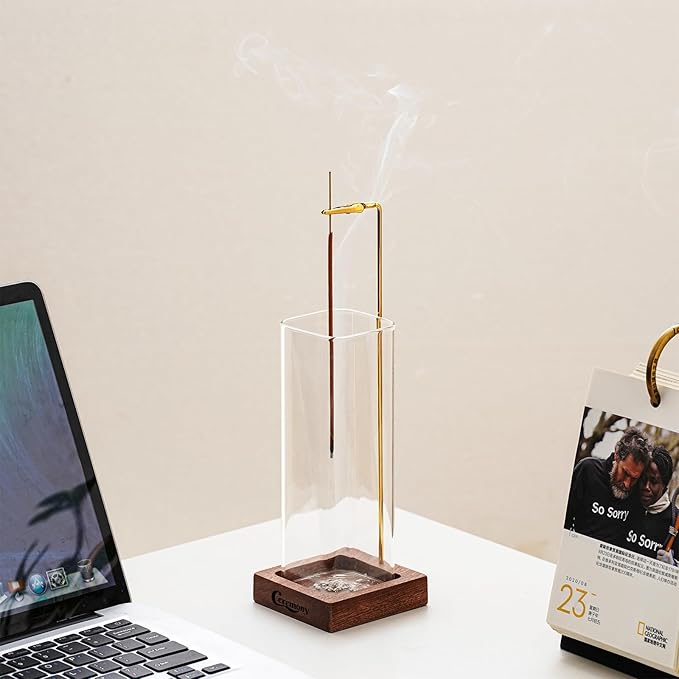 Ceremony Incense Holder，2 Pack Wood Incense Holder for Sticks with Glass Ash Catcher，Incense Burner for Meditation Yoga Spa Room Decor - Bloomnest
