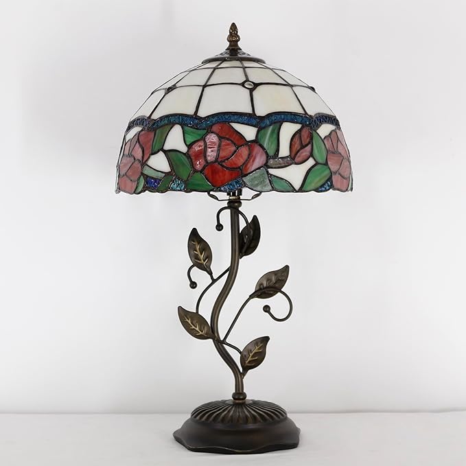 Tiffany Lamp Rose Flower Style Stained Glass Table Lamp Desk Bedside Reading Light 12X12X19 Inches with Metal Leaf Base Decor Bedroom Living Room - Bloomnest