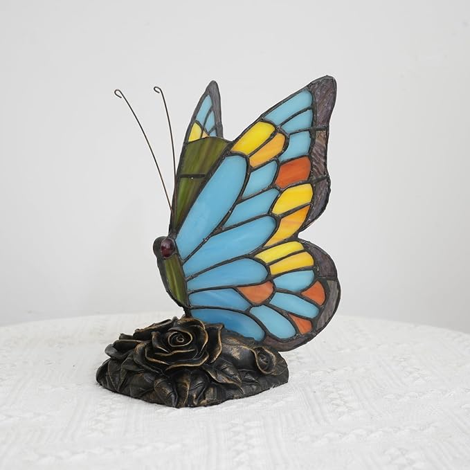 Sky Blue and Orange Bedside Lamp Cute Fun Butterfly Small Tiffany Lamp Vintage Style Stained Glass Table Lamp for Bedroom Dorm Decor Unique Nightstand Night Light Kids Gift Desk Lamps Rose Base - Bloomnest