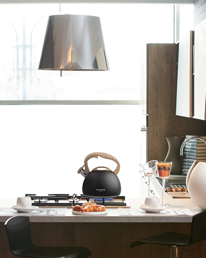 POLIVIAR Tea Kettle, Black Ti Stovetop Tea Kettle 2.7 Quart , Audible Whistling Teapot, Food Grade Stainless Steel for Anti-Rust and Anti Hot Handle, Suitable for All Heat Sources (JX2018-WB20) - Bloomnest