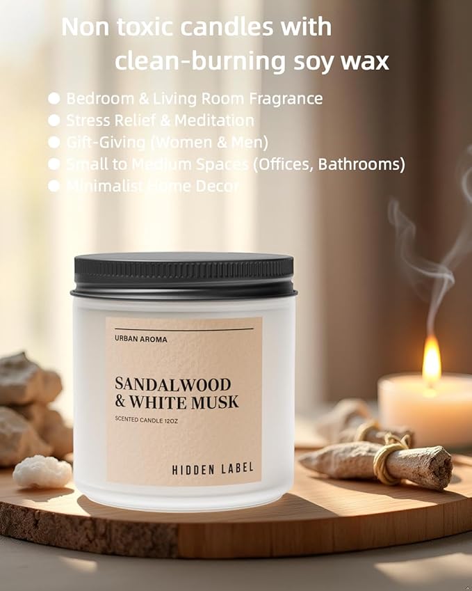 Hidden Label Sandalwood & White Musk Scented Candle - 12oz Natural Soy Non Toxic 70H Burn Time 2 Wick Aromatherapy Candle for Home Decor,Stress Relief & Relaxation - Bloomnest
