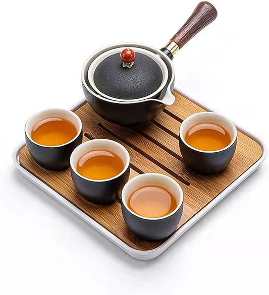 Ceramic Portable Travel Tea Set, Chinese Kungfu Tea Set with 360 Rotation Teapot and Infuser, 4 Tea Cups, Tea Tray And Travel Bag (Black)