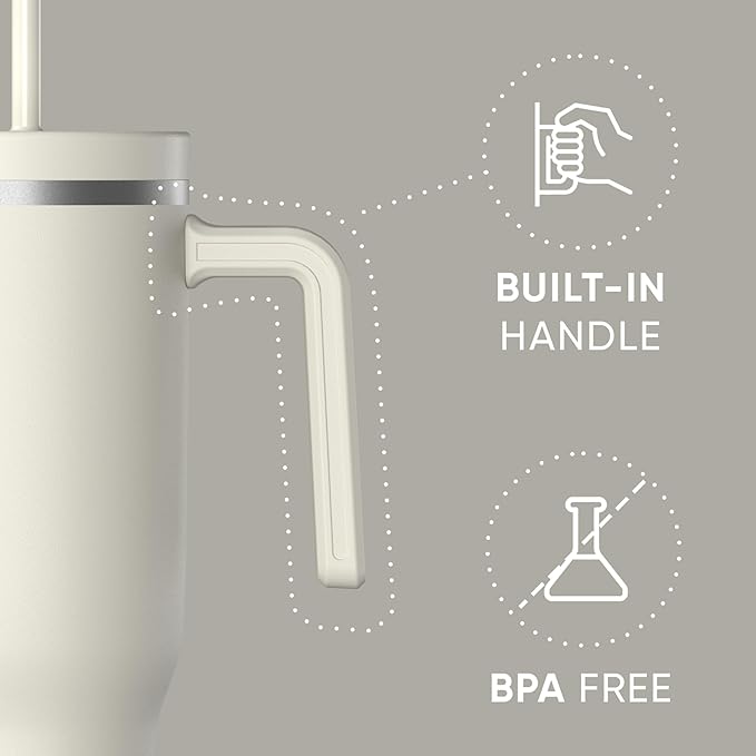 Hydrapeak Voyager 40 Oz Stainless Steel Tumbler with Handle, Insulated Water Bottle With Straw & Lid, Cupholder Friendly Reusable Travel Mug (Ivory) - Bloomnest