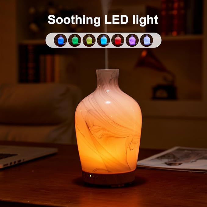 Classical Vase Art Glass Aromatherapy Diffuser 160ml ultrasonic Cool Mist Scent Aroma Essential Oil Diffu er Humidifier with Intermittent Mist & LED 7 Colorful Changing Night Light for Bedroom - Bloomnest