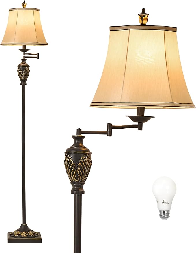 Traditional LED Floor Lamp with 350° Adjustable Swing Arm Lamp – Vintage Standing Pole lamp for Living Room, Bedroom and Office – Rustic Upright Floor Light for Home Décor with Silk Fabric Shade - Bloomnest