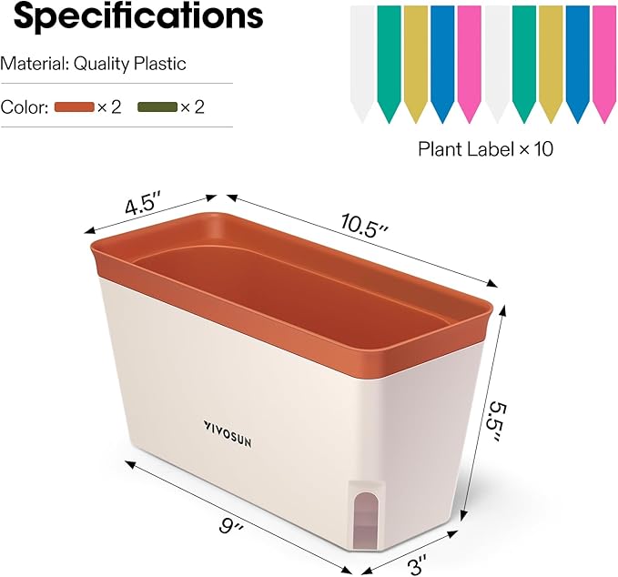 VIVOSUN Self-Watering Planters, 4-Pack 10.5 Inch Compact Rectangular Window Herb Planter Box with 10 PCS Plant Labels, Plant Container for Basil, Flowers, Succulents, Indoor & Outdoor - Bloomnest