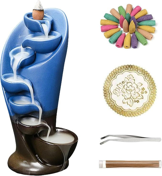 YYW Backflow Incense Burner Holder Handmade Statue Decor Fountain Waterfall Incense Holder with 20 Backflow Incense Cones 30 Incense Sticks 1 Tweezer 1 Mat for Indoor Meditation Yoga (Navy Blue) - Bloomnest