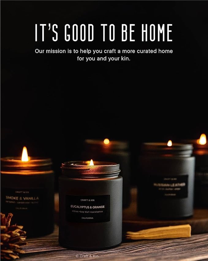 Craft & Kin Premium Orange & Eucalyptus Candle | Black Christmas Scented Candles for Home | Long Lasting with 45 Hour Burn Time, 7.6oz | Soy Holiday Candle | Aromatherapy at Home | Gifts for Men - Bloomnest