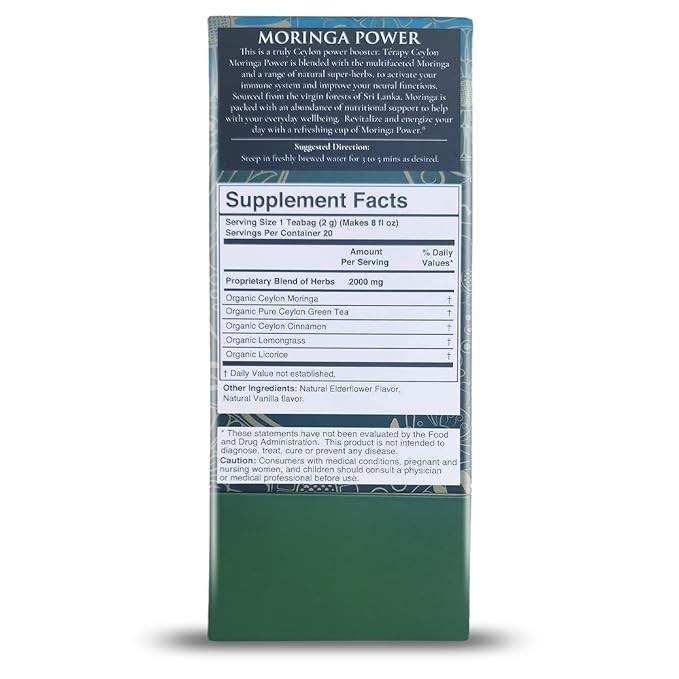 Térapy Ceylon Organic MORINGA TEA | USDA Organic Herbal Tea Bags| Helps with Vitality & Antioxidants | 100% Natural Ayurvedic Ingredients | 20 Individually Wrapped Tea Bags - Bloomnest