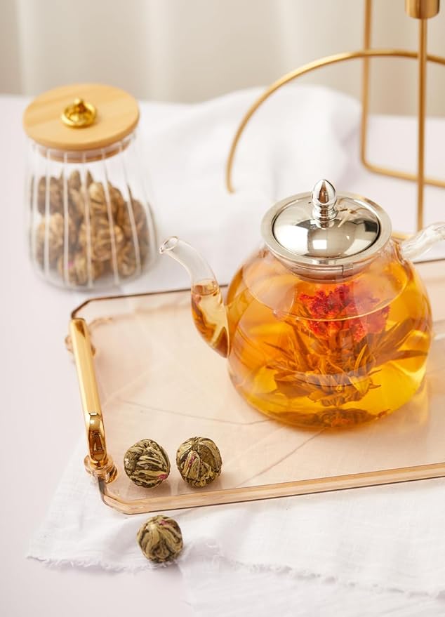 TETWIN Glass Teapot Including 6 Blooming Flower Tea Balls, Stovetop Safe Tea Pot with Removable Infuser for Loose Leaf Tea, 1000ml / 33.8oz - Bloomnest