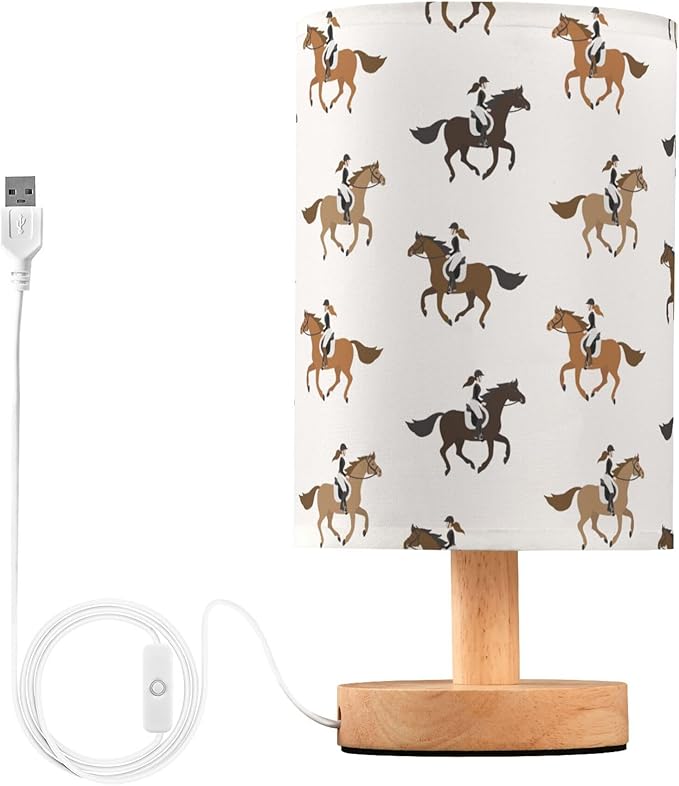 Table Lamp Cowgirl on Horse Pattern Nightstand Lamp with Wood Base Fabric Lamp Shade Bedside Desk Lamp for Living Room Bedroom Kids Room Office - Bloomnest