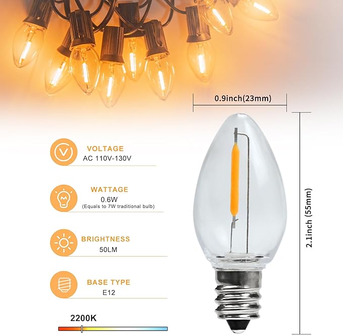 LED Night Light Bulb – C7 E12 LED Bulbs – Candelabra Light Bulbs, 0.6 Watt Equivalent 7W Incandescent Bulb, Warm White 2200K, Window Candles & Chandeliers Replacement Bulb, Plastic 50 Pack - Bloomnest