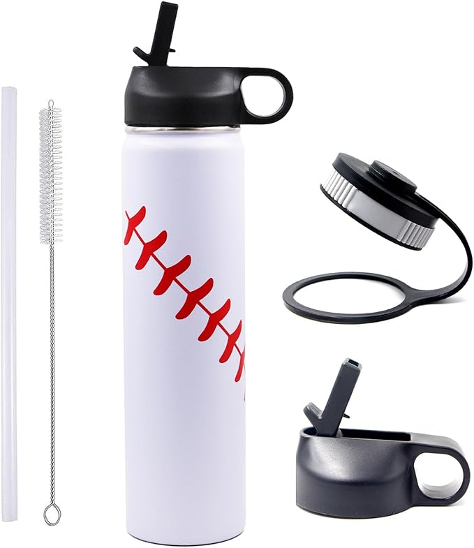 25 oz Baseball Water Bottle, Sports Flask Metal Travel Tumbler with 2 Lids, Stainless Steel Double Wall Vacuum Insulated Leak Proof Thermo Water Bottles, Baseball Accessories Gifts for Mom Boys Girls - Bloomnest