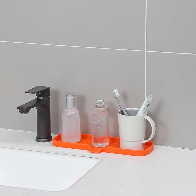 Silicone Bathroom Soap Dishes with Drain Spout-Bathroom and Kitchen Sink Organizer,Sponge Holder,Dish Soap Tray,Perfect for Dispenser,Scrubber,Bottle,Cup on Sink or Counter-Orange 12"×4" - Bloomnest