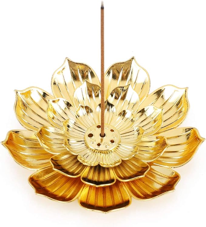 Accmor Zinc Alloy Incense Holder, Lotus Stick Incense Burner, Incense Holder for Stick/Coil/Cone Incense with Ash Catcher, Gold - Bloomnest