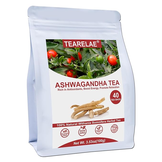 TEARELAE - Ashwagandha Tea Bags - 2.5g x 40 Count - Sourced From India - Premium Natural Cut & Sifted Pure Indian Ginseng Root - Non-GMO - Caffeine-free - Rich in Antioxidants & Boost energy - Bloomnest