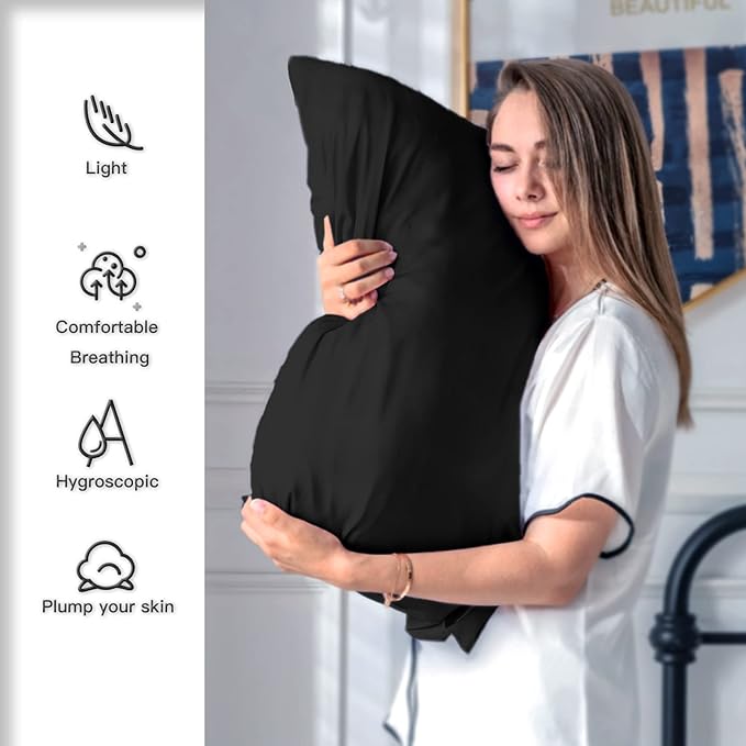 Mulberry Silk Pillowcase for Hair and Skin Standard Size 20"X 26" Pillow Case with Hidden Zipper Soft Breathable Smooth Cooling Silk Pillow Covers for Sleeping (Black,Standard,1Pcs) - Bloomnest