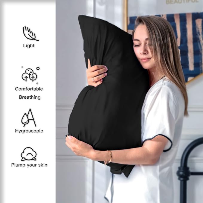 Silk Pillow Cases 2 Pack,Soft Breathable and Sliky Standard Size Pillow Cases Set of 2,Natural Mulberry Silk Pillowcase Set of 2 for Hair and Skin with Hidden Zipper (Black,20"X 26",2pcs) - Bloomnest