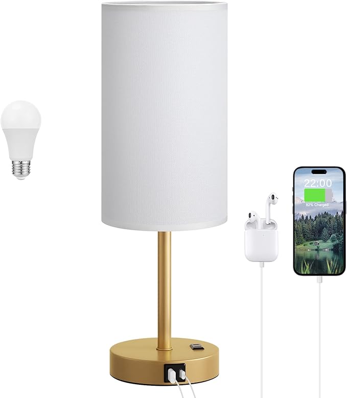 Touch Bedside Table Lamp with USB - 3 Way Dimmable Gold Lamp for Bedroom Nightstand, Desk Lamp with Charging Station for Dorm, Office, Kids Room, Living Room - Bloomnest