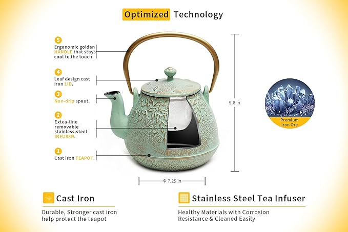 Toptier Tea Kettle for Stove Top, Cast Iron Teapot Stovetop Safe with Infusers for Loose Tea, 54 oz, Light Green - Bloomnest
