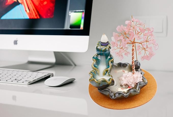 Backflow Incense Holder, Waterfall Incense Burner, Gemstone Money Tree Home Living Room Decorations Office Accessories for Women, Mothers Day Mom Gifts (Rose Quartz) - Bloomnest
