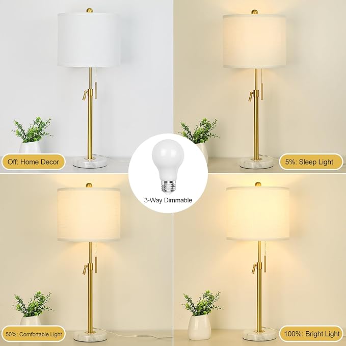 Gold Table Lamp Set of 2, 22-30" Height Adjustable Modern Nightstand Lamps with Marble Base and Pull Chain Switch for Living Room Bedroom, Office, Bedside Table, Farmhouse - Bloomnest