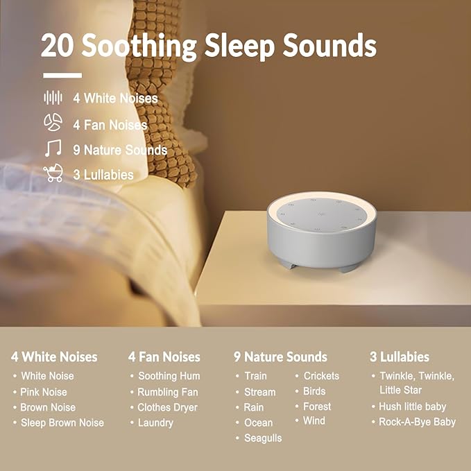 Kipcush Sound Machine & Night Light for Adults, Baby, Kids. White Noise Machine with 20 Soothing Sleep Sounds. Small Size & Portable Design for Bedroom (Gray, Small) - Bloomnest