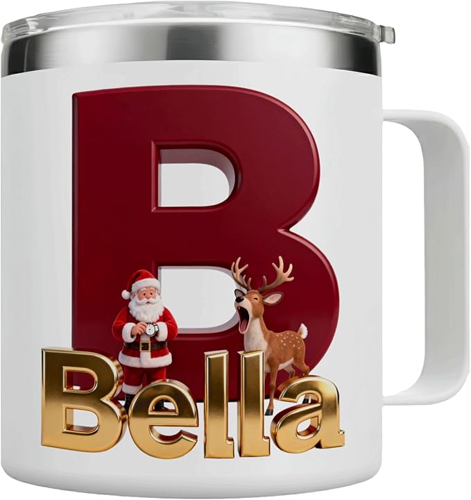 Personalized Christmas Insulated Coffee Mug with Handle – Letter [C] Double Wall Stainless Steel Travel Tumbler for Hot & Cold Drinks – Unique Holiday Gift for Men, Women, & Kids (B128) - Bloomnest