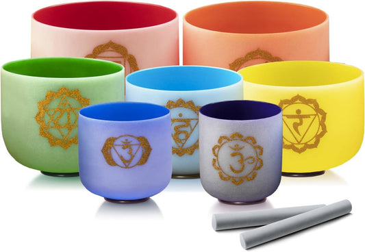 Hye-eun Colored Crystal Singing Bowls Chakra Set of 7, 432hz Frosted Sound Bowl 7-12 Inch Set with Carrying Case for Yoga Musical Vibration Sound Healing